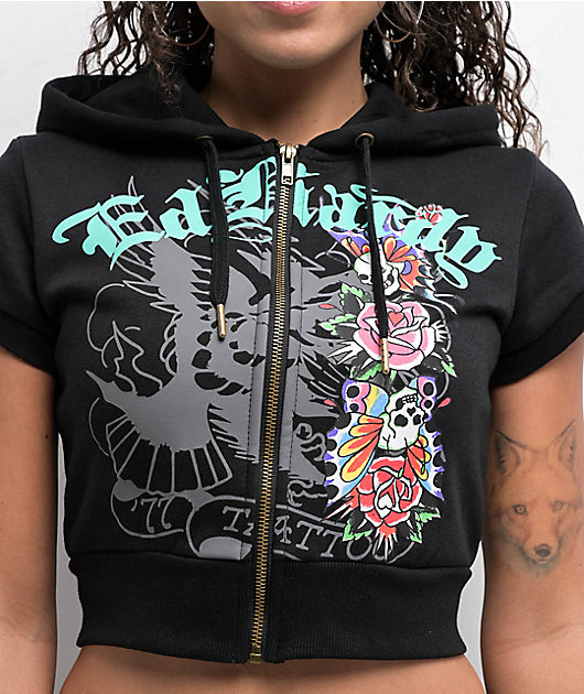 トップス Ed Hardy ED HARDY LKS Skull Black Zip Front Cropped Hoodie – K MOMO