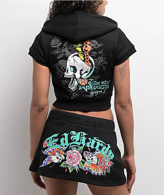 Ed Hardy Skull Black Short Sleeve Crop Zip Hoodie | Zumiez