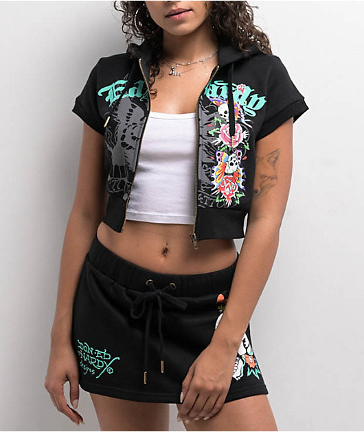 Ed Hardy Skull Black Short Sleeve Crop Zip Hoodie