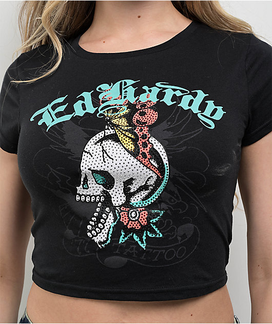 Ed Hardy Skull Butterfly Rhinestone Black Crop T-Shirt | Zumiez