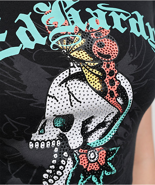 Ed Hardy Skull Butterfly Rhinestone Black Crop T-Shirt | Zumiez