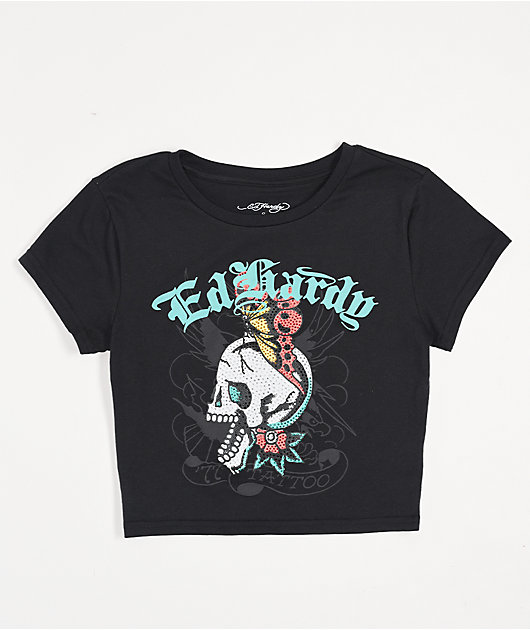 Ed Hardy Skull Butterfly Rhinestone Black Crop T-Shirt | Zumiez