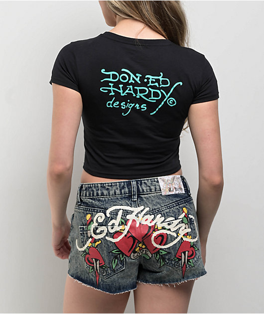 Ed Hardy Skull Butterfly Rhinestone Black Crop T-Shirt