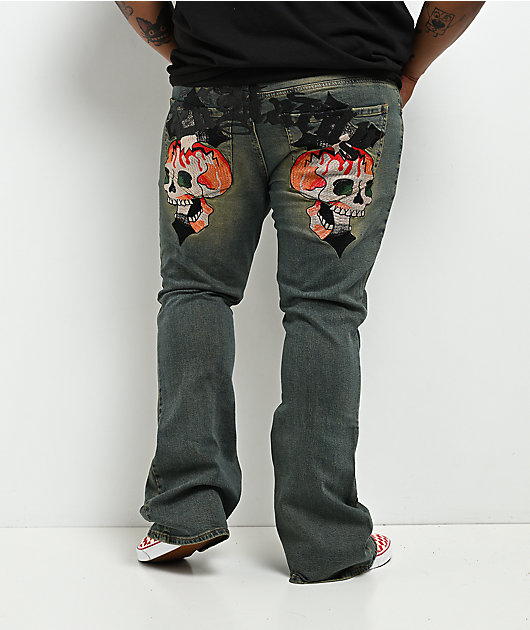 Ed Hardy Skull Crosses Blue Wash Bootcut Jeans | Zumiez