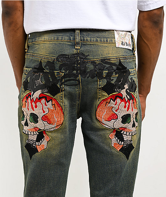 Ed Hardy Skull Crosses Blue Wash Bootcut Jeans | Zumiez