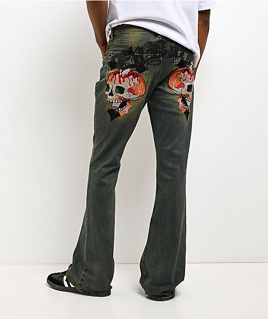 Ed Hardy Skull Crosses Blue Wash Bootcut Jeans | Zumiez