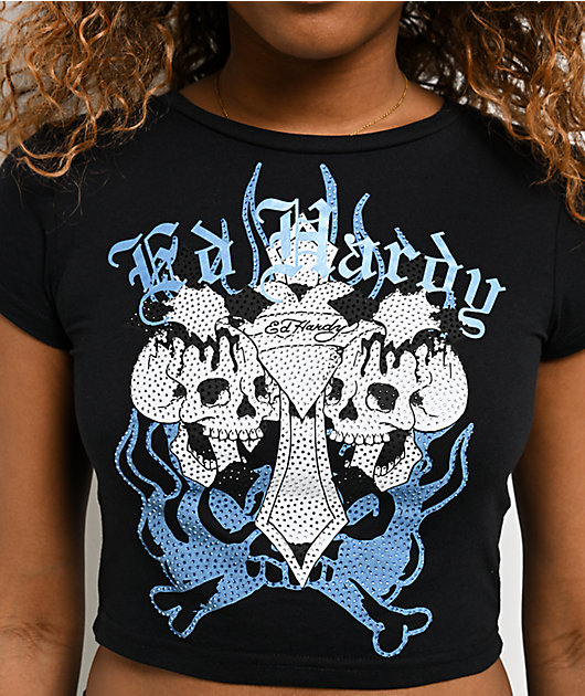 Ed Hardy Skull Crosses Rhinestone Black Crop T-Shirt | Zumiez