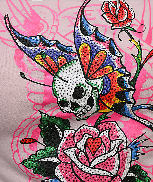 Ed Hardy Skull Flower Rhinestone Pink Crop T-Shirt 