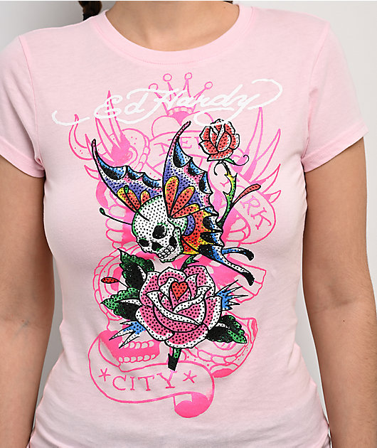 Ed Hardy Skull Flower Rhinestone Pink Crop T-Shirt | Zumiez