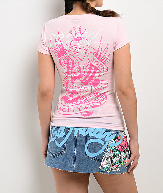 Ed Hardy Skull Flower Rhinestone Pink Crop T-Shirt 