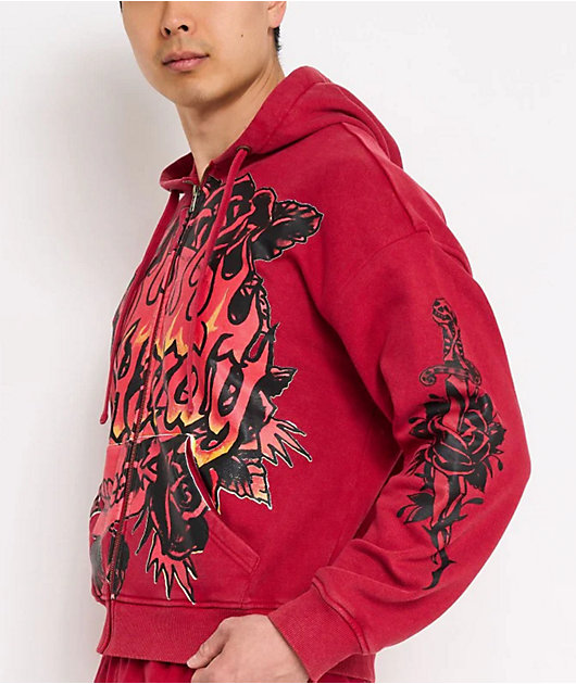 Ed Hardy Skull Flowers Red Zip Hoodie