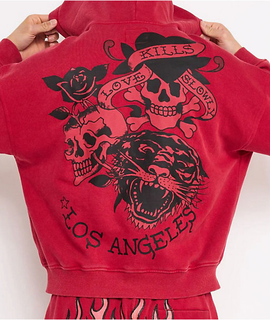 Ed Hardy Skull Flowers Red Zip Hoodie
