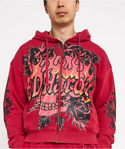 Ed Hardy Skull Flowers Red Zip Hoodie