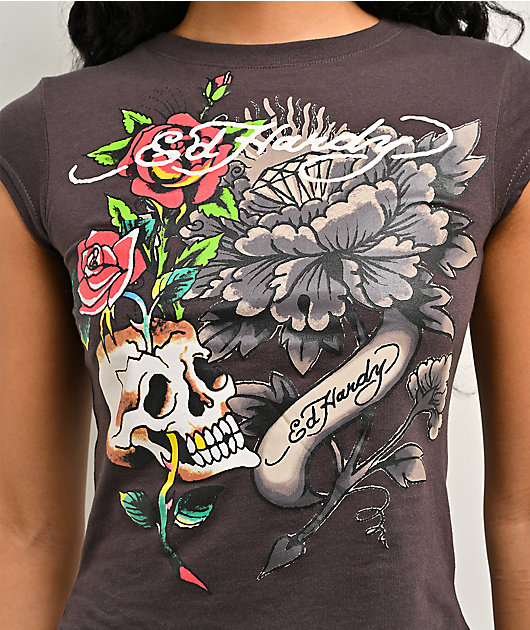 Ed Hardy Skull Roses Espresso Crop T-Shirt