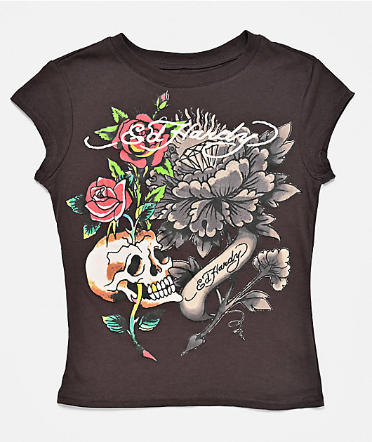 Ed Hardy Skull Roses Espresso Crop T-Shirt