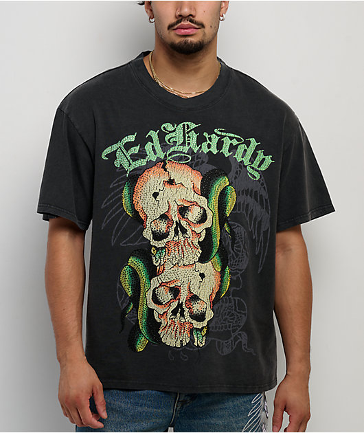 Ed Hardy Skull Snakes Rhinestone Vintage Black Boxy T-Shirt | Zumiez