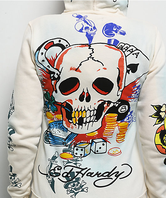 トップス Ed Hardy Skull Hoodie Y2K Archive Grunge Ed Hardy Skulls Ivory Zip Hoodie | Zumiez