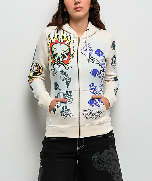 Ed Hardy Skulls Ivory Zip Hoodie | Zumiez
