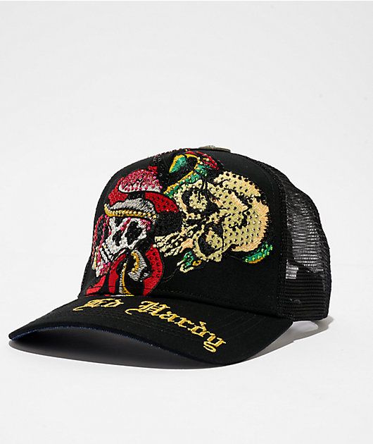 Ed Hardy Skulls Rhinestone Black Trucker Hat | Zumiez