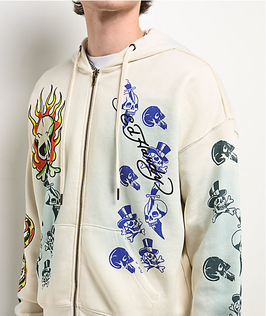 Ed Hardy Skulls Vintage Ivory Zip Hoodie