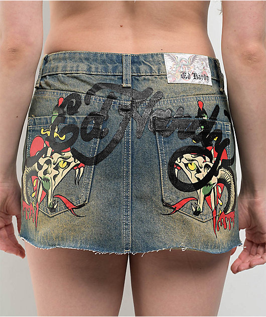Ed Hardy Snake Hearts Black Cutoff Denim Mini Skirt