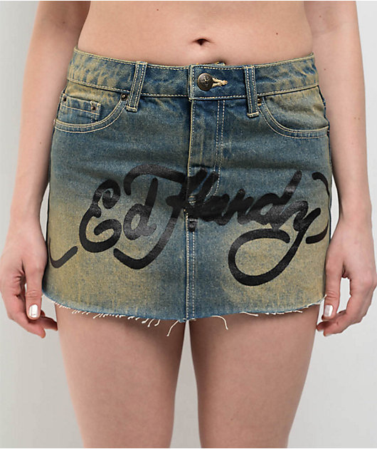 Ed Hardy Snake Hearts Black Cutoff Denim Mini Skirt