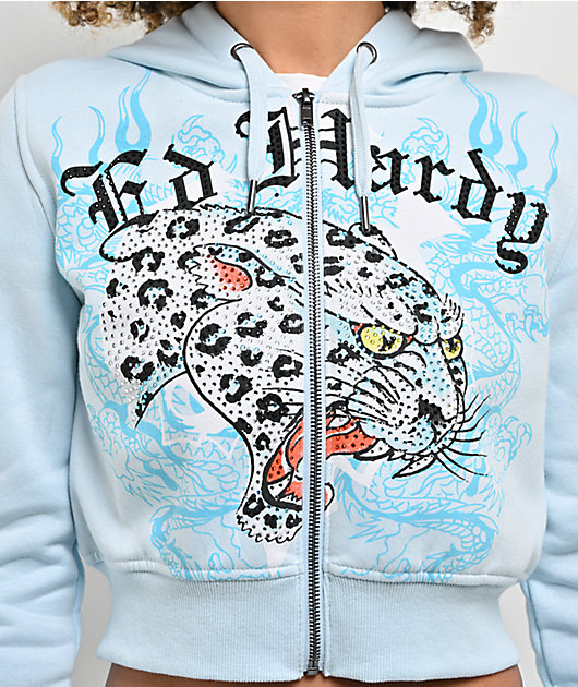 Ed Hardy Snow Leopard Rhinestone Baby Blue Crop Zip Hoodie | Zumiez