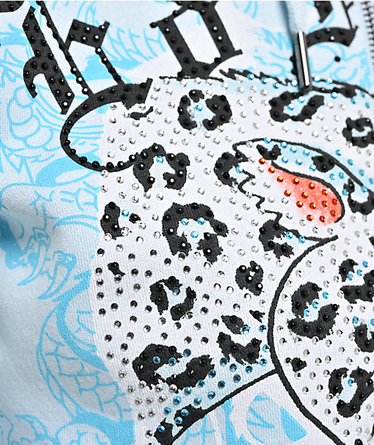 Ed Hardy Snow Leopard Rhinestone Baby Blue Crop Zip Hoodie