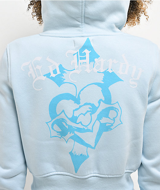 Ed Hardy Snow Leopard Rhinestone Baby Blue Crop Zip Hoodie | Zumiez