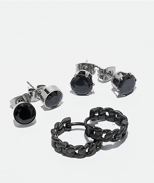 Ed Hardy Stainless Steel Black Stud Hoop 3-Pack Earring Set Zumiez