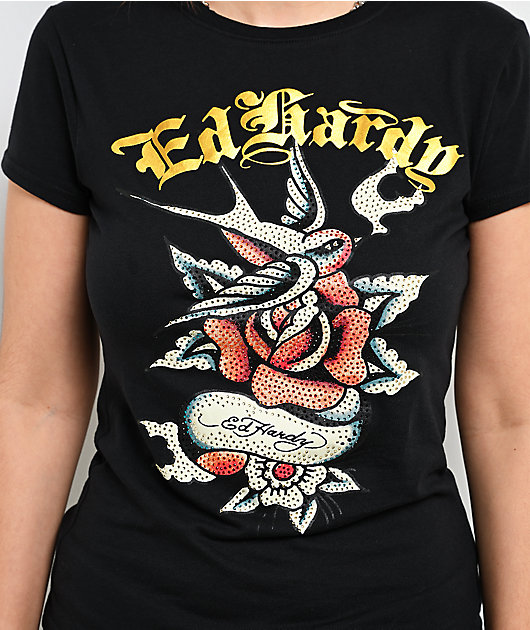 Ed Hardy Swallow Rose Black T-Shirt
