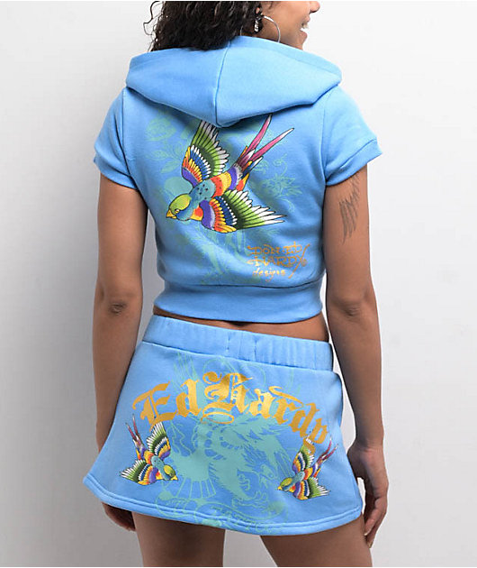 Ed Hardy Swallows Sky Blue Short Sleeve Crop Zip Hoodie