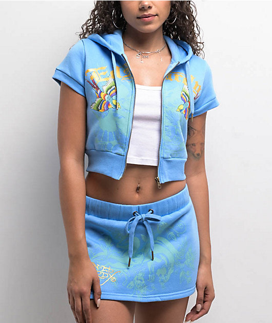 Ed Hardy Swallows Sky Blue Short Sleeve Crop Zip Hoodie | Zumiez