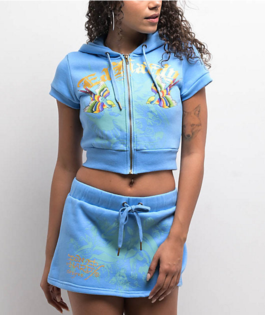Ed Hardy Swallows Sky Blue Short Sleeve Crop Zip Hoodie | Zumiez
