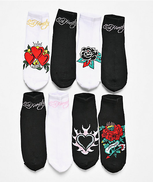 Ed Hardy Tattoo Black & White 8 Pack Ankle Socks