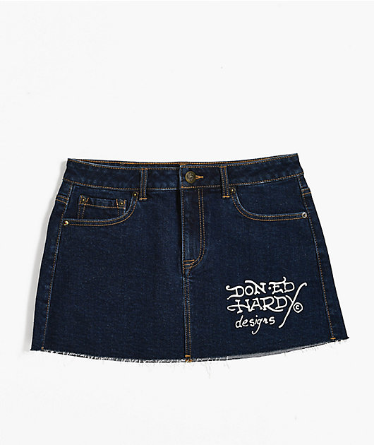 Ed Hardy Tattoo Collage Dark Denim Cutoff Mini Skirt