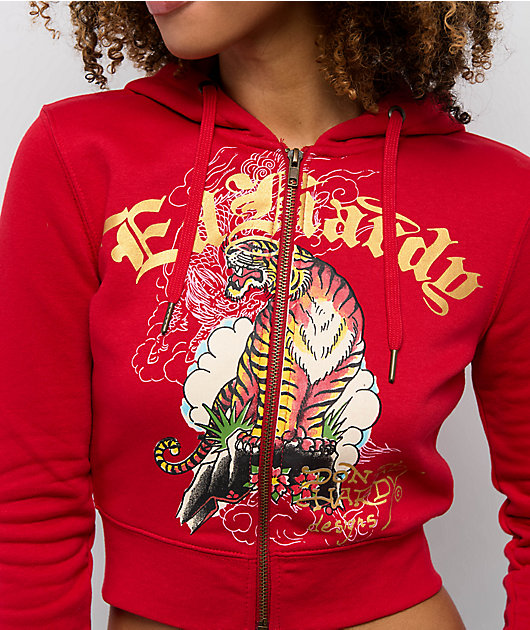 Ed Hardy Tiger Cloud Red Crop Zip Hoodie