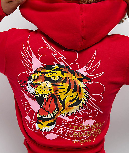 Ed Hardy Tiger Cloud Red Crop Zip Hoodie