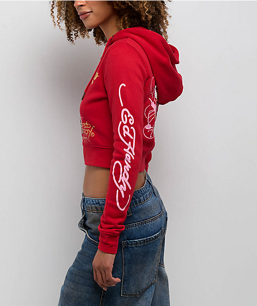 Ed Hardy Tiger Cloud Red Crop Zip Hoodie
