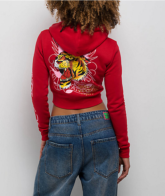 Ed Hardy Tiger Cloud Red Crop Zip Hoodie
