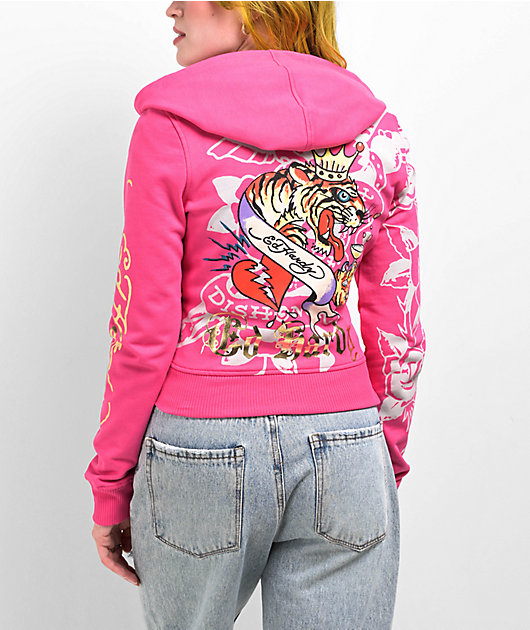 Ed Hardy Tiger Crown Pink Crop Zip Hoodie