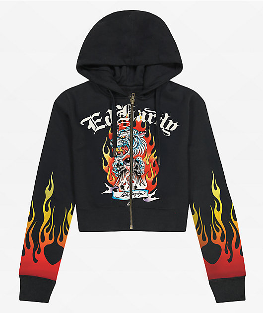 Ed Hardy Tiger Flame Black Crop Zip Hoodie | Zumiez