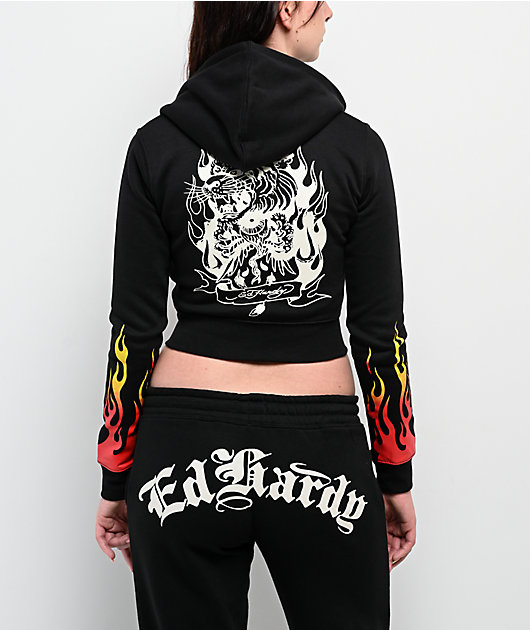 Ed Hardy Tiger Flame Black Crop Zip Hoodie | Zumiez
