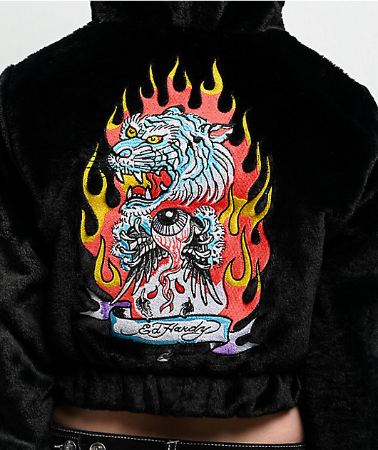 Ed Hardy Tiger Flame Black Plush Zip Hoodie