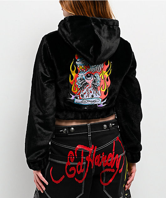Ed Hardy Tiger Flame Black Plush Zip Hoodie