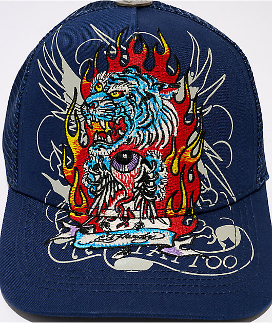 Ed Hardy Tiger Flame Navy Trucker Hat | Zumiez