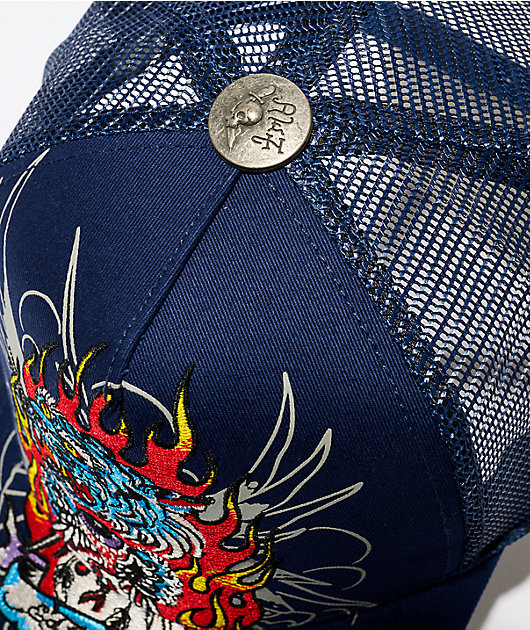 Ed Hardy Tiger Flame Navy Trucker Hat | Zumiez