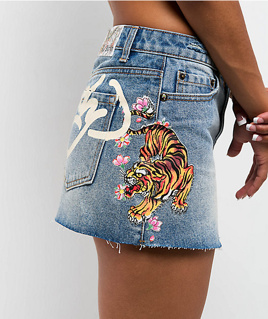Ed Hardy Tiger Flowers Medium Wash Cutoff Mini Skirt