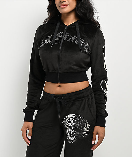 Ed Hardy Tiger Head Black Velour Crop Zip Hoodie | Zumiez