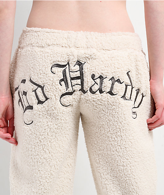 Ed Hardy Tiger Ivory Sherpa Wide Leg Sweatpants